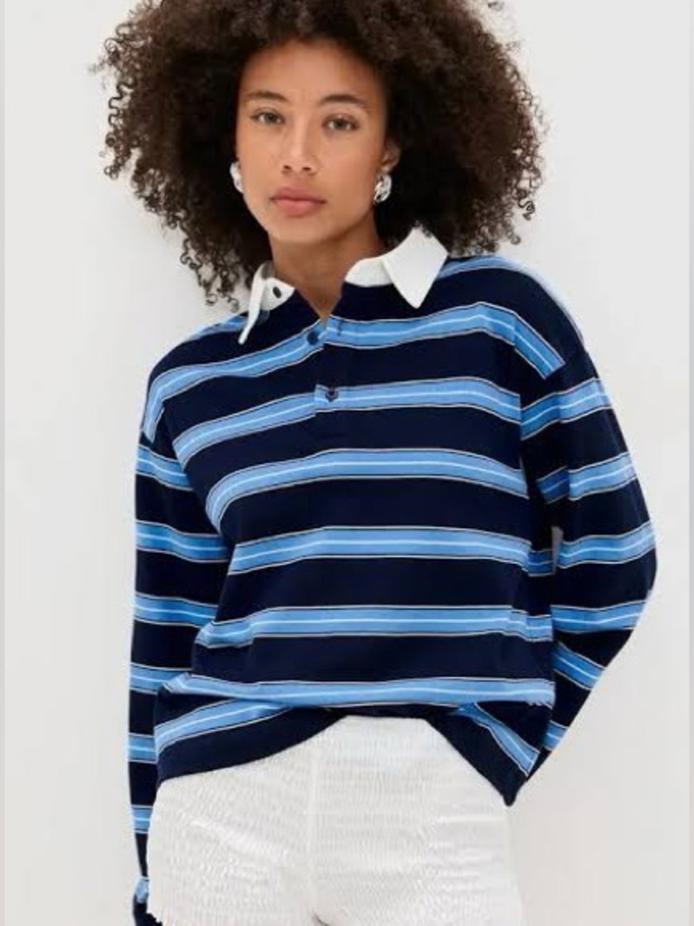 Lioness Countryside Jersey in Midnight Stripe Long Sleeve Polo White Collar Sz S